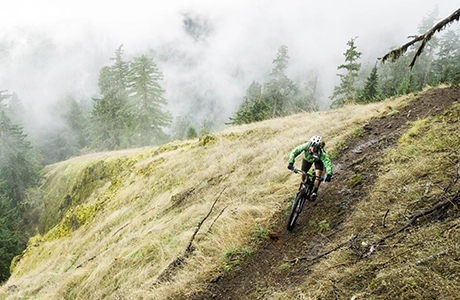 Mountain biker in green jacket riding brown, singletrack through green, mountainous field, surrounded by fog and the tops of tall pines. 