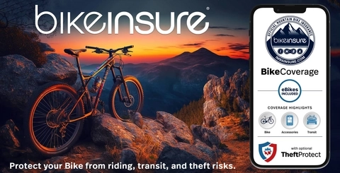 Picture of a mountain bike in the sunset with a screen shot of a phone or tablet view with BikeInsure Informatin