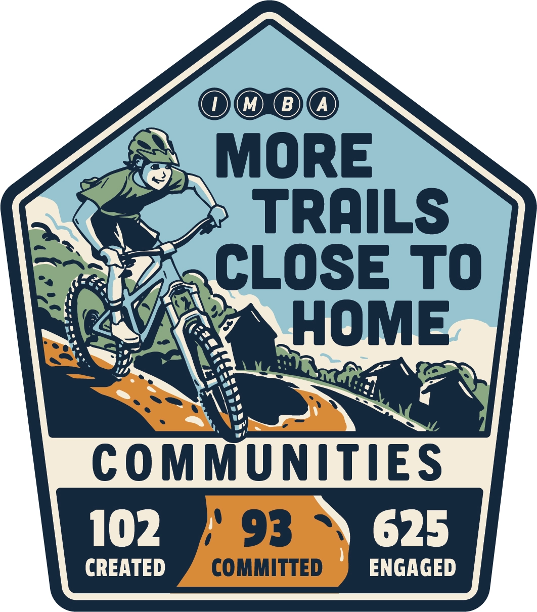 A badge for More Trails Close to Home shows the image of a mountain biker on a trail and notes 102 communities where trails have been created, 93 have committed, and 625 have engaged in the process. A badge for More Trails Close to Home shows the image of a mountain biker on a trail and notes 102 communities where trails have been created, 93 have committed, and 625 have engaged in the process.