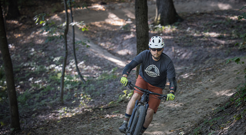 Person riding a mountain bike in Winona, Minnesota