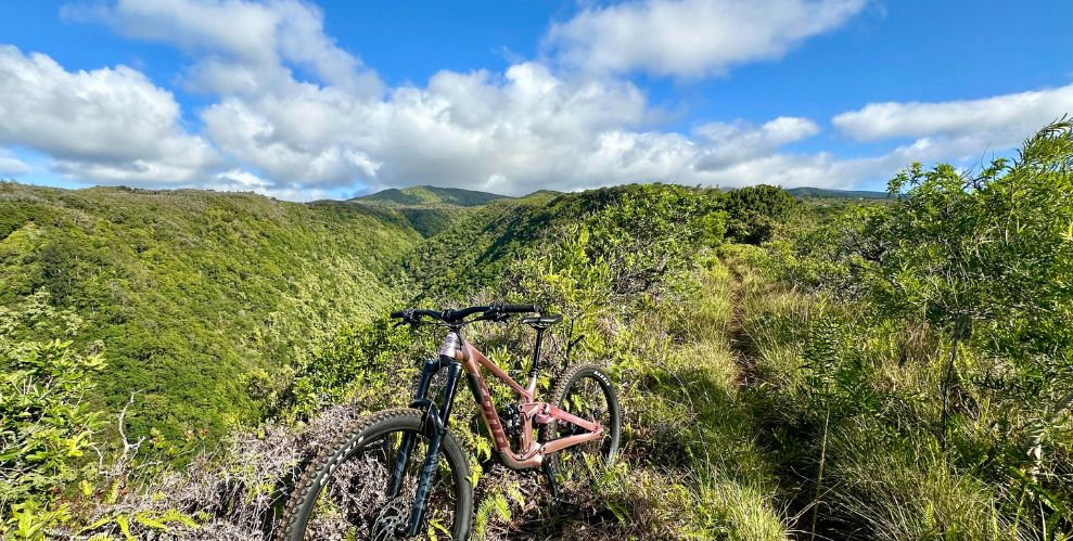 Mountain bike along high-elevation singletrack on the Hawaiian Island of Maui. 