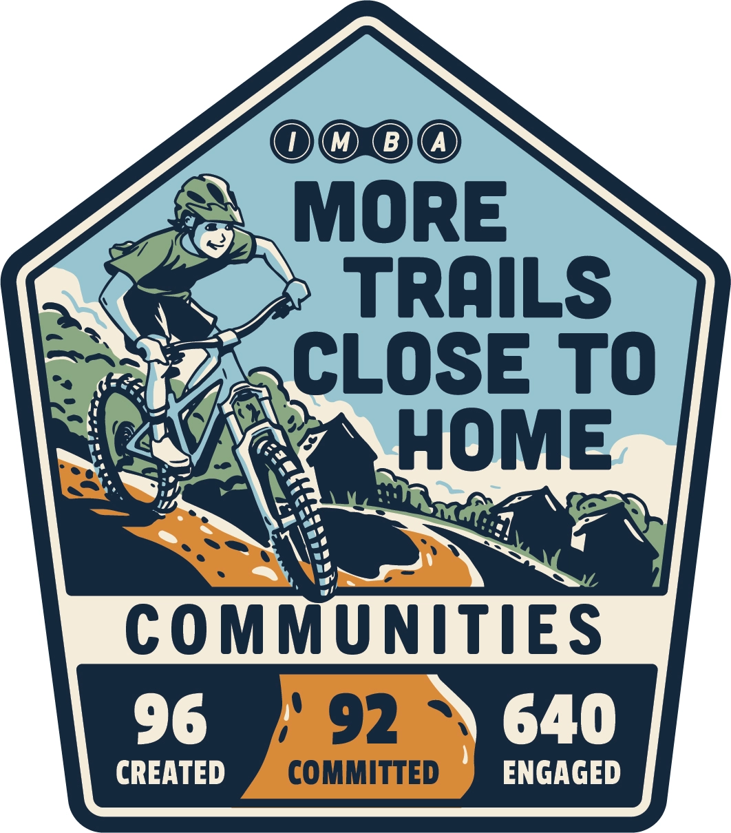 A badge for More Trails Close to Home shows the image of a mountain biker on a trail and notes 96 communities where trails have been created, 92 have committed, and 640 have engaged in the process.