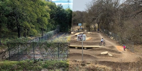 Titled “The Pit Split,” one one half of this image is a picture of the old, unused fenced tennis courts and on the other side is the space with kids riding bikes in the new bike skills park that replaced the old, unused facility. 